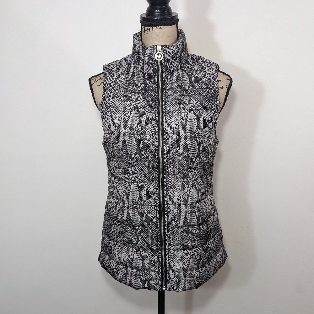 MICHAEL KORS Snake Print Quilted Puffer Vest Gray Black Full Zip XS